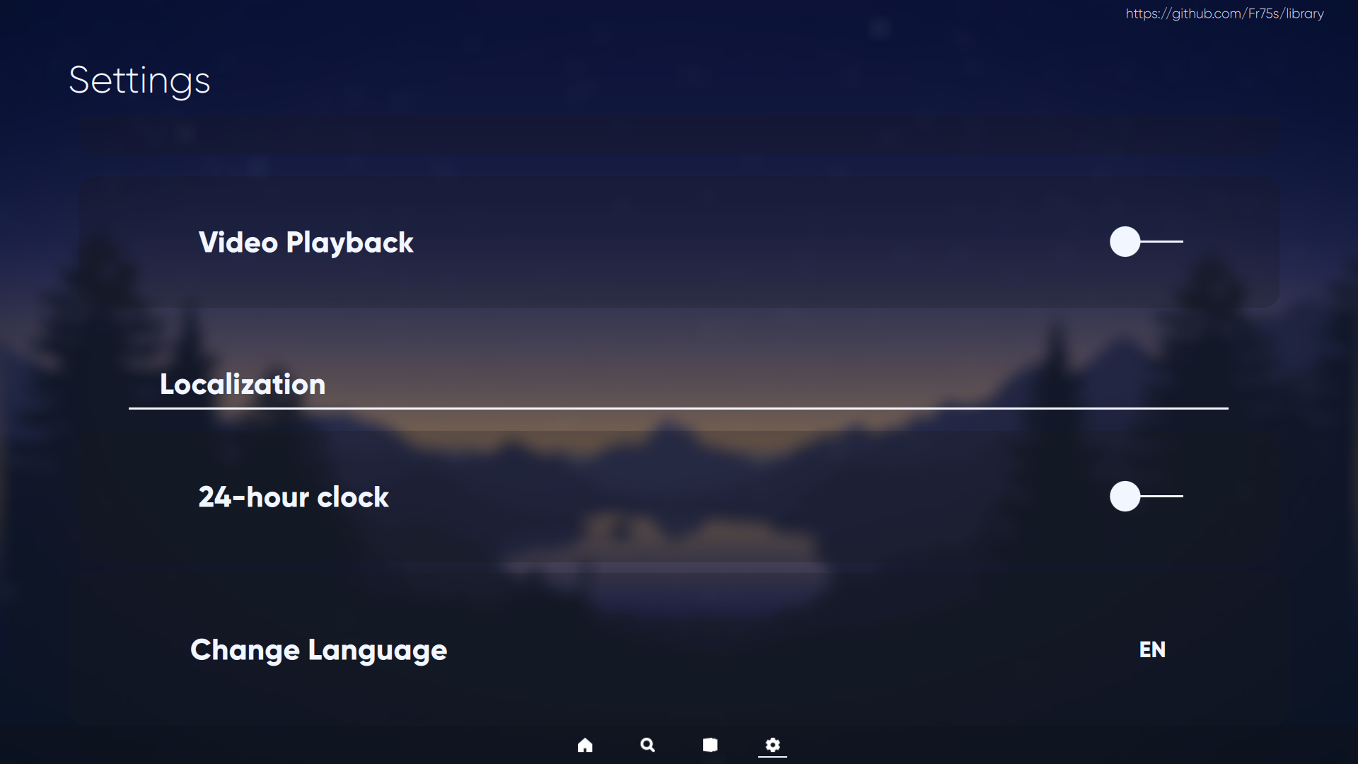 A screenshot of the settings page, showing the localization section.
