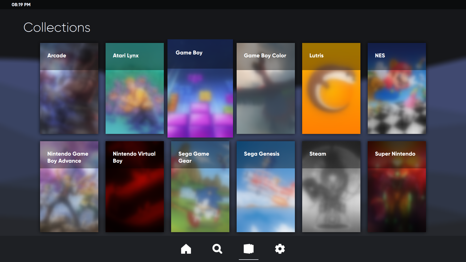 A screenshot of a the collections page. The background is different, the navigation bar is larger, and there is now a clock on the top-left corner.
