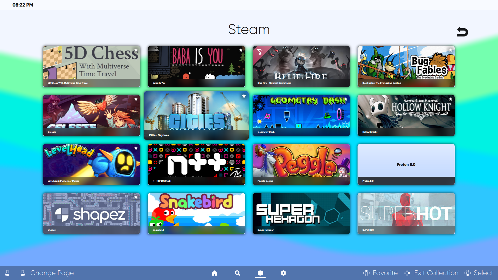 A screenshot inside a collection showing a grid of games. The games are once again presented wider, but there is also the same background as in the previous screenshot, except in light mode.