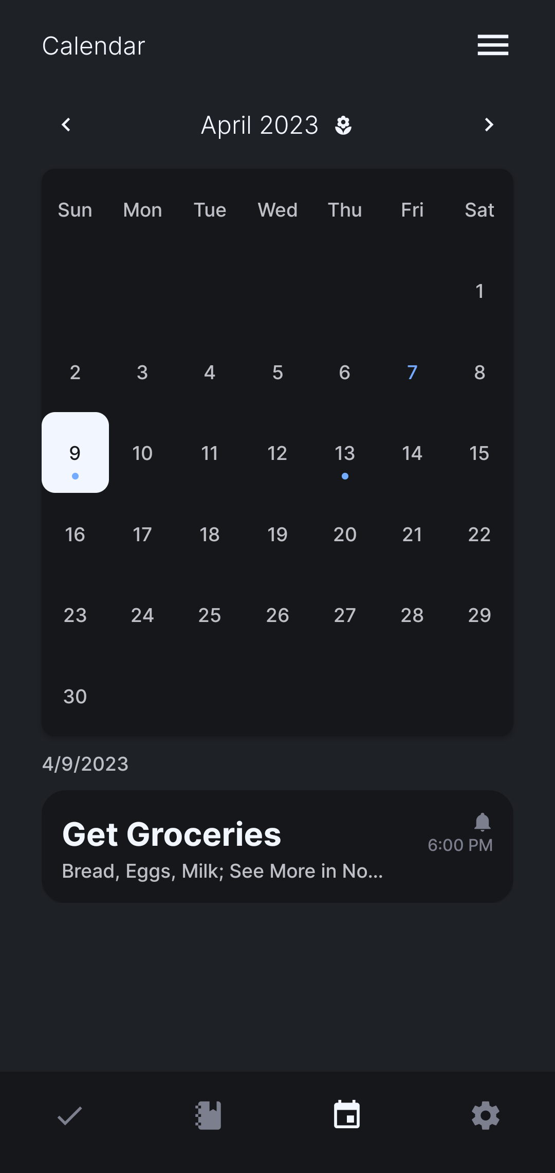 A screenshot of the calendar page.